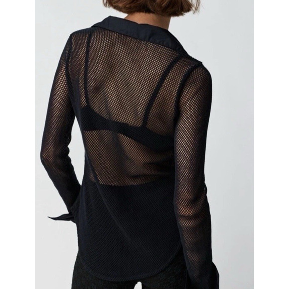 FREE PEOPLE Siggi Button Down Black Mesh Cotton Blouse Sz S Boho Goth Grunge - Picture 2 of 11